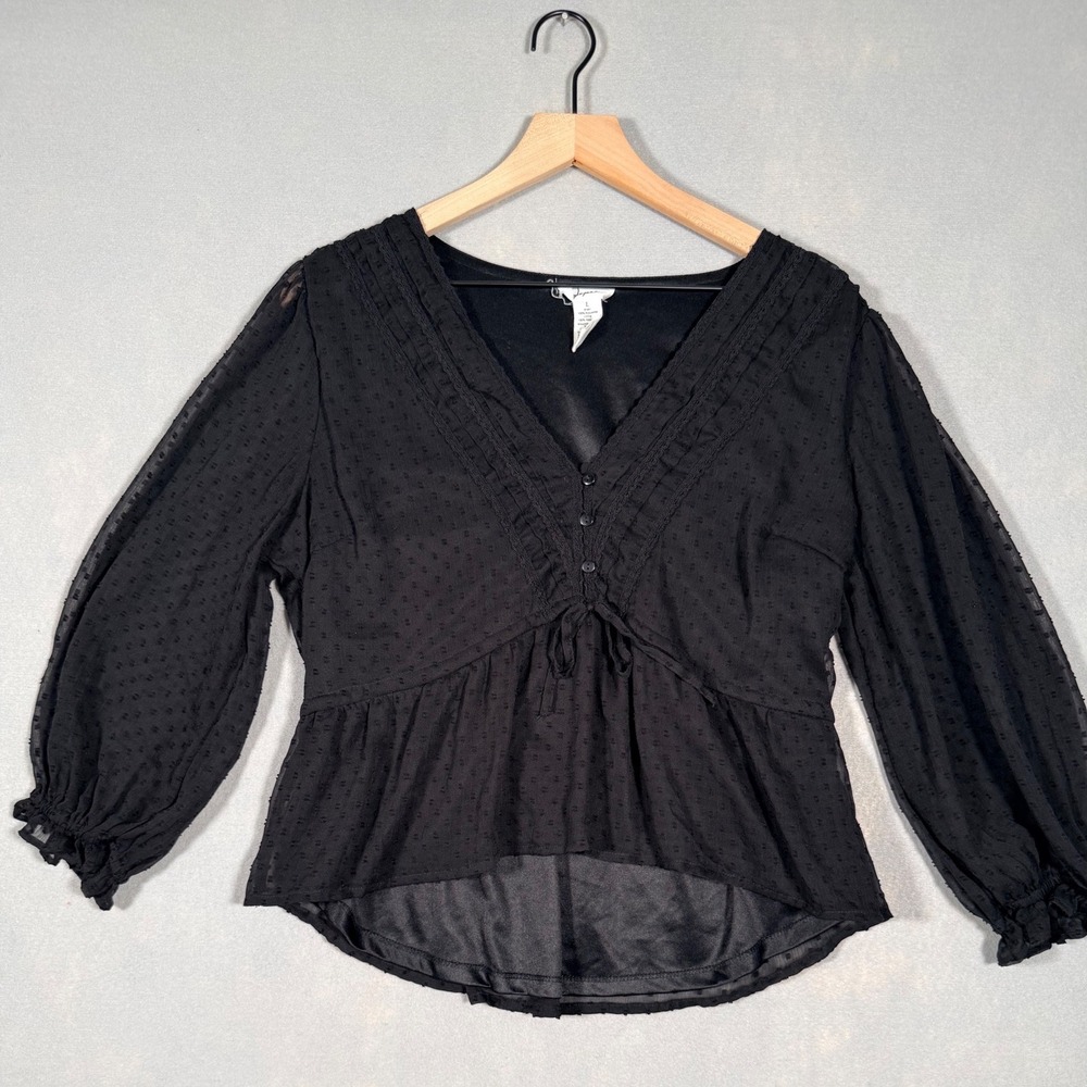 Japna Black Swiss Dot V-Neck Peplum Blouse Lace Trim Ethereal Boho